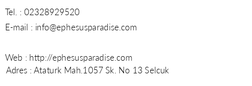 Ephesus Paradise Hotel telefon numaralar, faks, e-mail, posta adresi ve iletiim bilgileri